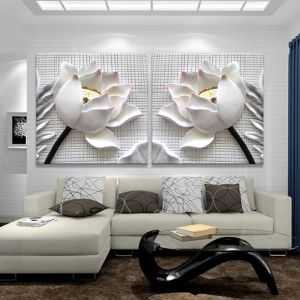 Kaligrafi 2pcs Modern 3D Beyaz Lotus Çiçekleri HD Baskı Tuval Duvar Sanat Resimleri Oturma Odası için Resimler Soyut Modüler Yağlı Boya