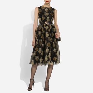 Avrupa moda markası ipek siyah kutsal kalp çiçek baskılı kolsuz toplu bel midi elbise
