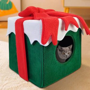 Mats Noel Hediye Kutusu Kedi Yatak Sıcak Evcil Hayvan Evi Keden Mağarası Yastık Köpek Uyuyan Yuva Evi Köpek Kennel Kedi Pads Gato Kedi Aksesuarları