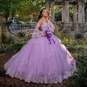 Lilac Princess Quinceanera Dresses Lace Appliques Off The Shoulder Flare Long Sleeves Ball Gown Prom Dress For Sweet 15 Girls