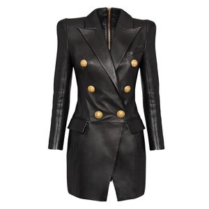 Vinatge 2024, черное женское кожаное дизайнерское платье высокого класса с V-образным лацканом, пуговицами и длинными рукавами из искусственной кожи 31311