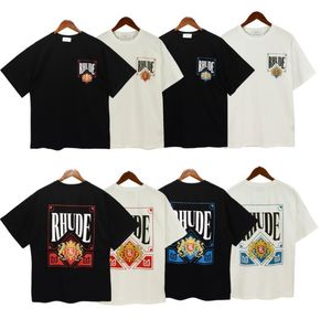 Rhude camiseta masculina designer de roupas de marca em torno do pescoço de alta qualidade coqueiro pôr do sol logotipo manga curta camiseta