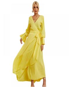 Vestidos casuais amarelo para mulheres 2022 linda manga longa vestido sem costas mulher elegante senhoras verão floral9455463