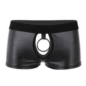 Mutande Lingerie da uomo nera Morbida ecopelle ritagliata Boxer a vita bassa Intimo con O-ring in metallo con sollevatore a sfera