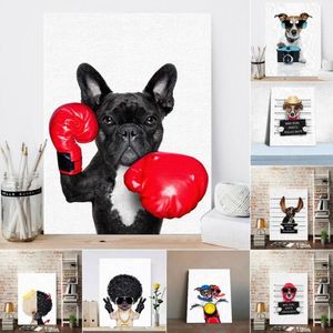 Холст в скандинавском стиле для бокса с собакой без рамки, художественный принт, постер с изображением забавного мультяшного животного, настенные панно для украшения детской комнаты194x
