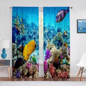 Cortinas subaquáticas transparentes, cortinas transparentes com tema coral, peixe, oceano, vida marinha, tule, voile, para sala de estar, quarto, cozinha, decoração