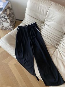 Calças femininas 2024 outono / inverno painel de lã preta contraste em forma de h casual terno reto perna larga mulher