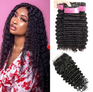 Tiefe Welle Menschliches Haar Bundles Mit Verschluss 3 pcslot Brasilianische Haarwebart Bundles Mit Verschluss Nicht Remy Haar Verlängerung 9716059