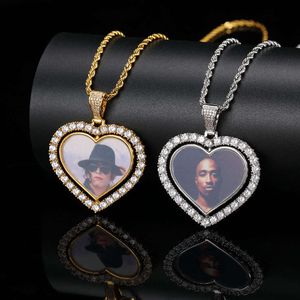 Двустороннее вращающееся фотоподвеска в стиле хип-хоп в форме сердца с медной инкрустированной циркониевой рамкой, мужское ожерелье, ювелирные изделия для женщин