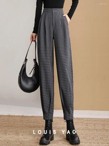 Calças femininas Louis Yao Mulheres 2024 Primavera e Verão Checkered Cropped Rabanete Retro Solto Fit Casual Cônico