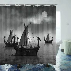 Perdeler İskandinav Vikings Gemi Duş Perdesi Fantezi Tekne Sanatı Siyah ve Beyaz Renkli Yelkenli Dragon Banyo için kanca ile
