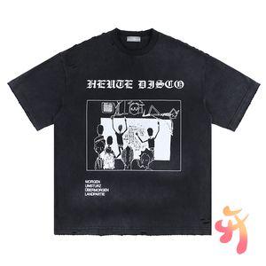 24ss Camisetas Algodão Lavado Graffiti Personagens Preto Mangas Curtas Homens Mulheres Camiseta