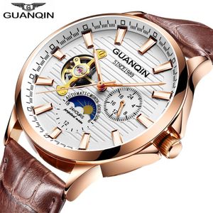 CWP Guanqin Watch Luminous Clock Erkekler Otomatik Su geçirmez Mekanik Deri Gül Altın İskelet İş Relogio Maskulino