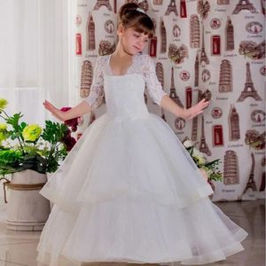 Kız Elbiseler Düğünler İçin Dantel Beyaz Çiçek Yarım Kollu Prenses Çocuklar Kat Uzunluğu Akşam Partisi Birinci Cemaat Balo Gown