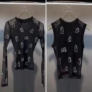 Дизайнерская женская футболка, новая брендовая черная прозрачная сетчатая футболка с длинными рукавами, женская базовая рубашка, топ
