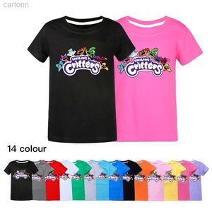 T-Shirts 2024 Yeni Oyun Gülümseyen Yaratıklar Tshirts Çocuk Yaz Giysileri Boys Cat Nap T-Shirt Bebek Kızlar Kısa Kollu Tops Çocuk Giyim LDD240314