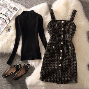 Work Dresses Women 2pcs Clothes Set Long Sleeve Black Top & Plaid Print Suspender Skirt High Waist Fashion Casual Clothing Suit