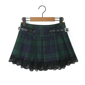 Saias mini saia y2k roupas xadrez verde moda coreana para mulheres elegante plissado laço preto cintura alta com cinto