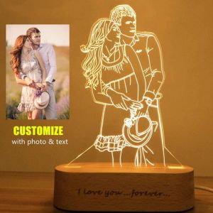 Moldura personalizada de madeira, moldura para foto, texto, usb, lâmpada 3d personalizada, luz noturna para quarto, casamento, aniversário, gi