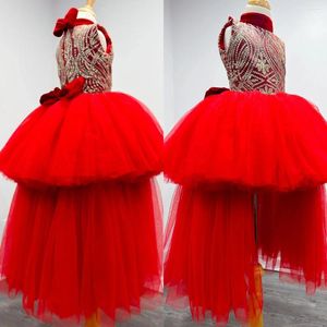 Kız Elbiseler Lüks Kırmızı Pageant Elbise Çiçek Kızları Düğün için Yüksek Düşük Boncuk Çocuklar Ruffles Parti Doğum Günü Poshoot