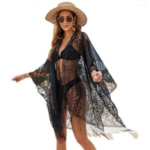 Kadın Dantel Mayo Takım Floral Gevşek Püsküller Örtüler Plaj Yüzme Bikini Kimono HARDIGAN KAPAKLARI Blon Bluz Mayo Tatil Giyim