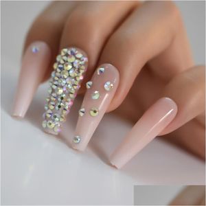 YANLIŞ NAIL TIGE ART 3D RHINESTONES TEPOR PRE TASARIMINDA BASIN ekstra Uzun İpuçları Ombre sahte çıplak pembe yapay damla teslimat dhrmk