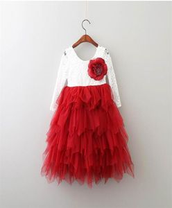 Vendita al dettaglio nuove ragazze abito in pizzo fiore a strati tulle maxi abito manica lunga principessa per la festa di nozze vestiti per bambini 110Y E171042241956693