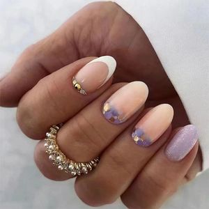 Накладные ногти Французские съемные леопардовые длинные овальные типсы для ногтей фиолетового золота с полным покрытием поддельные для DIY