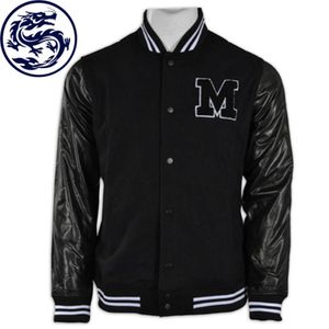 Оптовая продажа с принтом на заказ, осенняя приталенная черная бейсбольная куртка с кожаными рукавами, бейсбольная университетская куртка Letterman 74