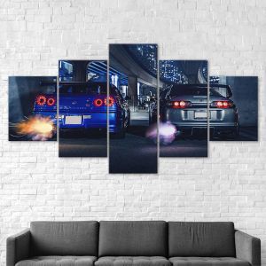 Kalligraphie Nissan GTR gegen Supra Race Cars Canvas 5 Stück Fünf Panel Print Modern Wall Art Poster Bild Home Decor Geschenk für sie für sie