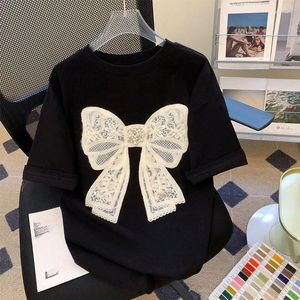 Kadın Tişörtleri Ebaihui Kadın Tırnak Boncuk Tasarım T-Shirt Bow Siyah Nakış Yaması Bayanlar Gömlek Bahar Sonbahar Çok Yolcu Gevşek Yuvarlak Boyun