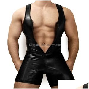 Catsuit kostümleri sahte deri sıkı vücut iç çamaşırı erkek şekillendiriciler seksi singlet bodysuit güreş leotard erkek rahat unitard büstü açık dhfcd