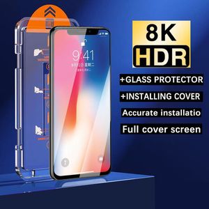 8K Oleofobik Kaplama Tozu Ücretsiz Ekran Koruyucu İPhone 15 14 13 12 11 Pro Max XS x 15plus Kolay Yükle Otomatik Tutuş Kaldırma Kiti Temperli Cam Film +Perakende Kutusu