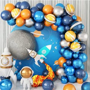 Dekorasyon Alanı Diy Balon Çelenk Kemeri Kiti Mavi Turuncu Roket Astronot Teması Doğum Galaxy Dış Uzay Erkek Parti Dekorasyonları