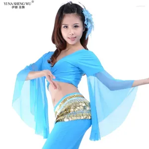 Sahne Wear 2024 Göbek Dans Performansı Üst Seksi Kadınlar V Yastık Chiffon Lake Mavi Tops Dans Kostümleri Yüksek Kalite