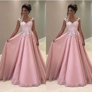 2024 Vintage Bir Çizgi Pembe Balo Elbiseleri Dantel Aplike Kapak Kollu Arka Gece Elbiseler Resmi Parti Gowns Ucuz Uzun Elbiseler