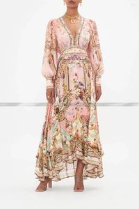 Повседневные платья женские в богемном стиле с v-образным вырезом и тяжелыми ногтями, расшитые бисером, ретро, розовый цветочный принт, многослойное шелковое платье макси с оборками по краям