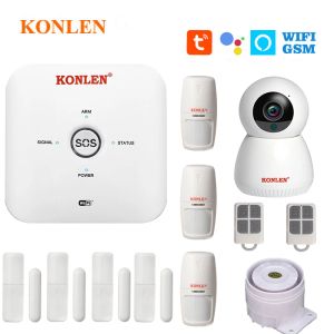 Комплекты KONLEN Tuya WIFI GSM сигнализация Беспроводной дверной датчик детектор дыма IP-камера Google Alexa Smart Life App для домашней безопасности