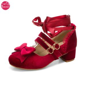 Botlar Kadın Med Topuk Lolita Ayakkabı Flock Pu Deri Sevimli Bow Mary Jane Pompalar Gelin Düğün Cosplay Partisi Kırmızı Pembe Siyah Boyut 3443