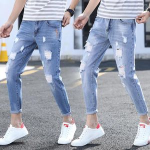 Erkekler kot moda erkekler kırışıklık karşıtı orta katlı rahat yırtık delikler ince fit denim pantolon rahat giyinme