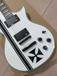 Beyaz Elektro Gitar, Siyah Elektronik Donanım, Vücut Çapraz Kakma, Pil Kılıfı, Stok