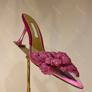 Aquazzura sandalet tasarımcıları terlik kadın ayakkabıları şeffaf pvc çiçek kristal rhinestone stiletto topuk fabrika ayakkabı 10.5 cm yüksekliğinde topuklu sandal 35-42