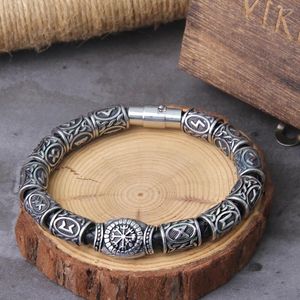 Bağlantı Bilezikler Paslanmaz Çelik Runes Boncuklar Erkekler Bilezik Viking Rune Moda Takımı Ahşap Kutu
