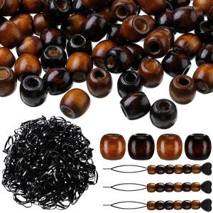 Tüpler 100 PCS 16mm Ahşap Dreadlock Boncuklar 100 PCS GÖNDERME KAZANDI VE 1 PCS Elastik Saç Bantları Deliği 8mm Saç Aksesuarları Örgüler için