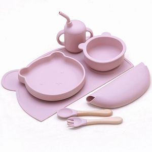 Bebê Silicone Louça Conjunto Alimentação Sólida Bib Dos Desenhos Animados Animais Sucção Pratos Pratos Food Grade Garfo Colher E Palha Copo 240315