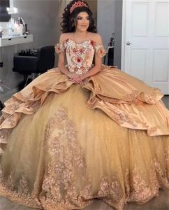 Saten Sexyy Gold Kapalı Omuz Quinceanera Elbiseler 2024 Vestidos de 15 Anos Boncuklar Aplike Tatlı 16 Yıllık Kız Balyoyu Elbise Partisi Elbise