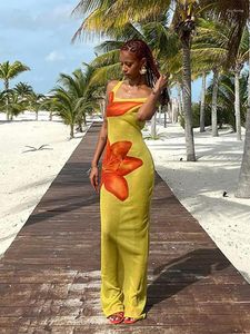 Vestidos casuais sexy flor impressão ver através maxi vestido mulheres moda diagonal colar sem mangas longa primavera verão feminino beachwear