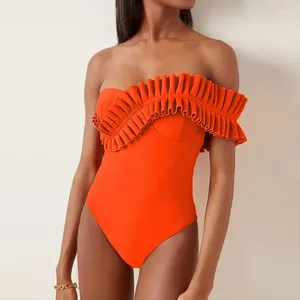 Mulheres Swimwear One Piece Swimsuit 2024 Sexy Sólido Ruffle Mulheres Amarelo Banheira Terno Beach Wear Backless Monokini