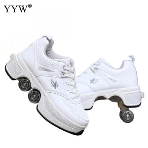 Сапоги Pu кожа Kids 4 Wheels Roller Skate Skate обувь повседневная деформация Parkour Sneakers Скалы для раундов взрослые беговые спортивные туфли