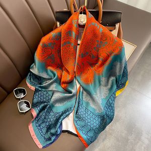 Классический синий оранжевый большой цветок в китайском стиле 110, шелковый шарф с эмуляцией, большой платок, внешняя шаль, пляжное полотенце, женский подарок маме